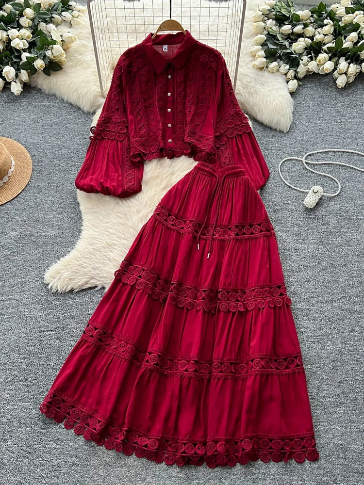 

Ретро Тяжелая вышивка Кружева Сращивание Фонарь Све ort irt Полная юбка с высокой талией Осенний комплект Женский модный ансамбль