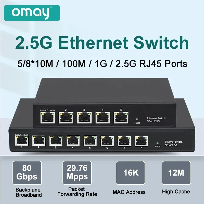 

OMAY 5/8 RJ45 Ports 2.5Gb Ethernet Switch 2.5GBASE-T Network Switch 10Gigabit Uplink Plug and Play Hub Internet Splitter Fanless