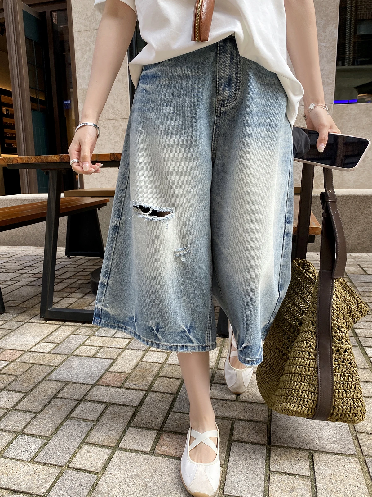 

Джинсы в американском винтажном стиле с эффектом потертости, укороченные, прямые, повседневные, с широкими штанинами, с высокой талией, свободного кроя