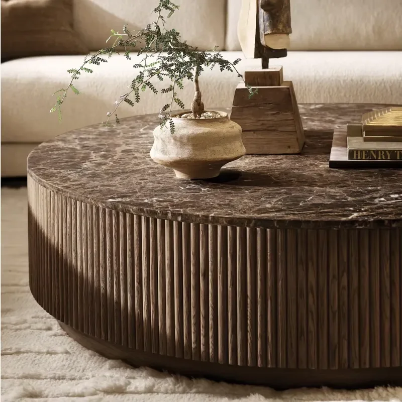 Sassanid OEM Contemporary Design American Oak Spanish Emperador Marble Handcrafted Mulholland Stone Plinth Round Coffee Table