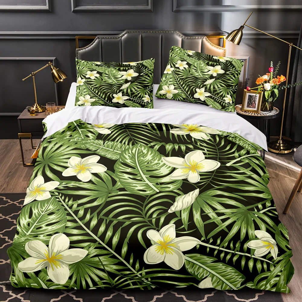 Tropical Plants Floral King Queen Duvet Cover Green Palm Leaves Bedding Set Cream-colored Flowers 2/3pcs Polyester Quilt Cover