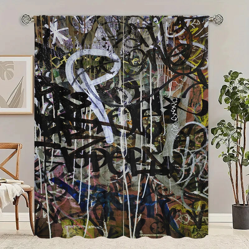 2Pcs changeable graffiti - printed curtains, polyester fabric, bedroom curtains, living room decor, home decor