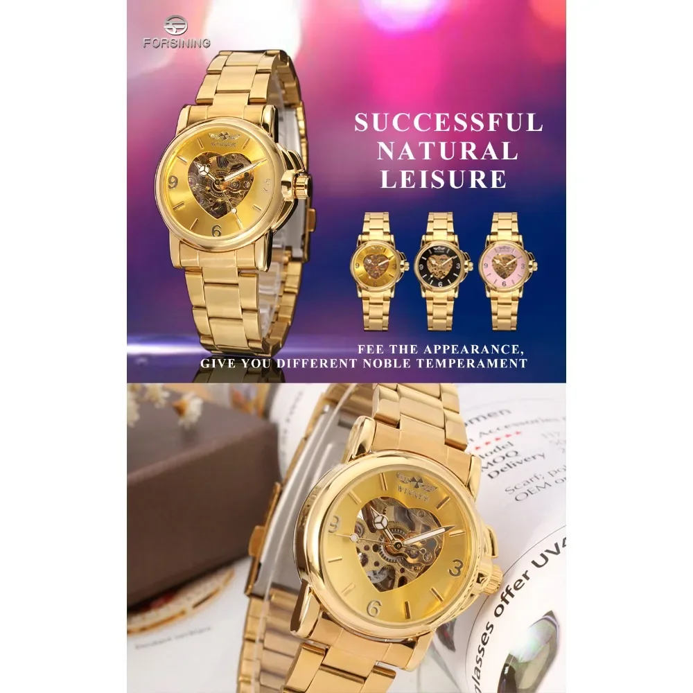 WINNER Brand Ladies Women Fashion Watch Automatic Mechanical Golden Heart Skeleton Dial Stainless Steel Band Elegant Wristwatch