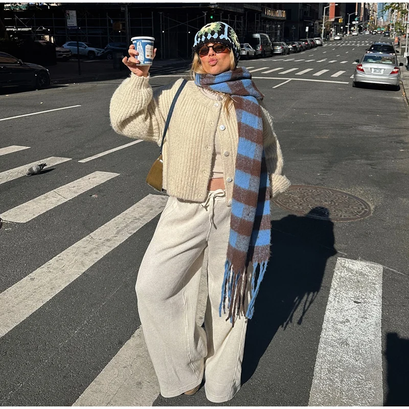 Retro Plush Single Breasted Cardigan Women Elegant Loose Solid O-neck Short Sweaters Female Winter Autumn Chic Street Knitwear