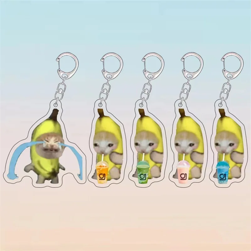 Creative Happy Banana Cat Acrylic Keychain Funny Small Animal Cute Cat Keyring Bag  Pendant Accessories Lanyard Key Chains Gift