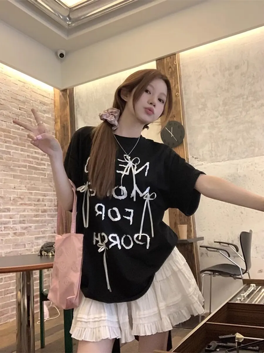 

Women's Letter Print Knot Short Sleeve T-Shirt Loose Midi Top Spring 2026 New Korean Style Casual Fashion