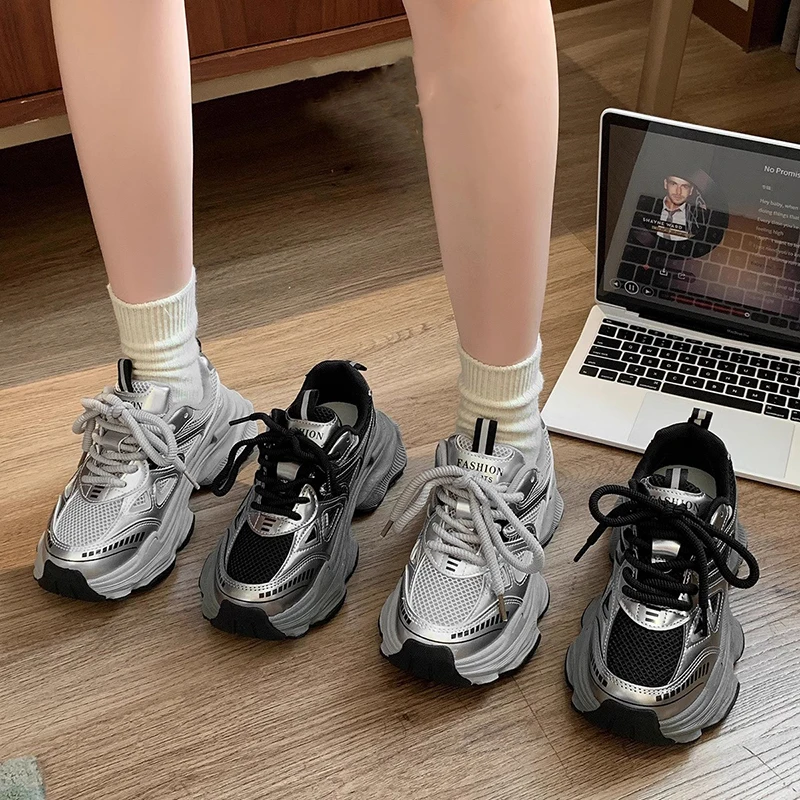 Oulylan موضة سميكة سوليد الأحذية الرياضية السيدات عادية الدانتيل يصل احذية الجري الربيع تنفس عدم الانزلاق أحذية رياضية 35 إلى 40 #3