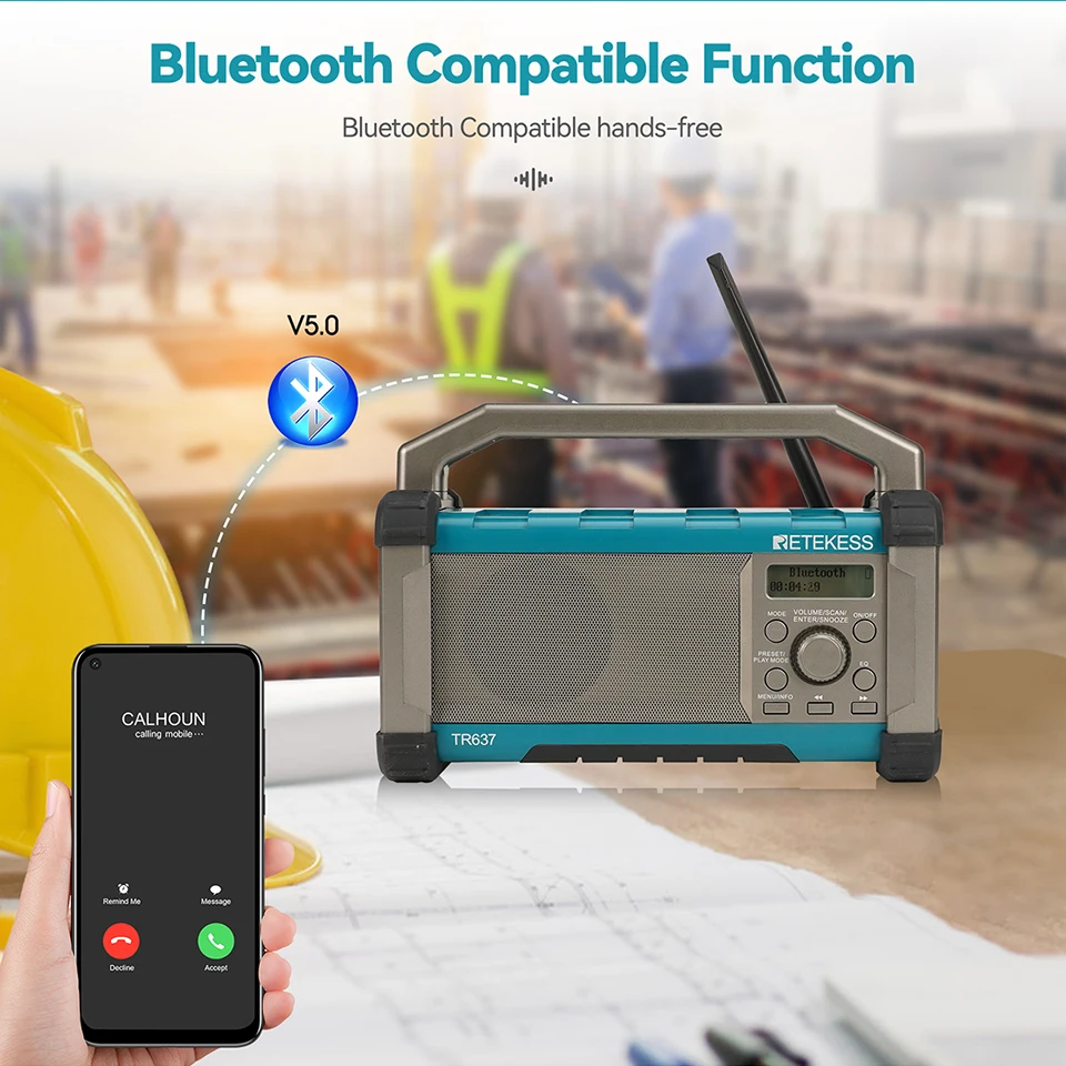 Imagem -04 - Retekess-rádios Portáteis Tr637 Compatível com Bluetooth Bateria Recarregável Carregamento do Telefone para Construção