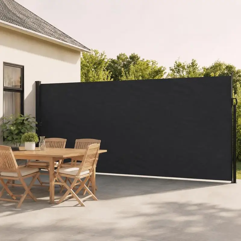 Auvent latéral rétractable noir 220x600 cm, toile polyester enduite PU imperméable anti-UV, structure en acier et aluminium. Matériel de fixation fourni pour terrasse, balcon et jardin. Entrez en toute sécurité par un fort vent, de la pluie ou du gel, et éloignez-vous des sources de chaleur.