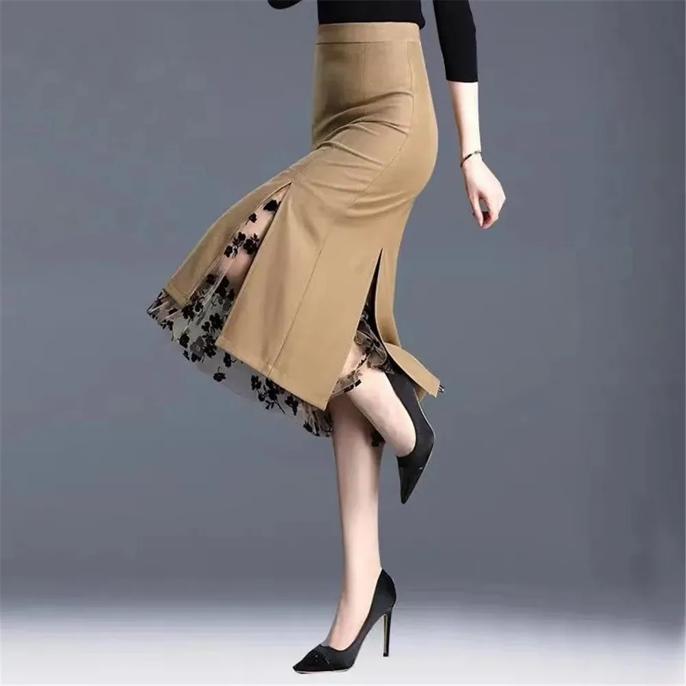 2023 Women Spring Summer Irregular Mesh Skirt Band Splice High Waist Skirt Knee Khaki Split Office Lady Skirt