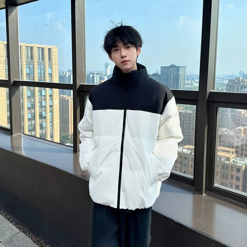 

Мужская зимняя куртка Jiujiang с наполнителем из белого утиного пуха, воротником-стойкой и цветными вставками, утепленная, для защиты от холода