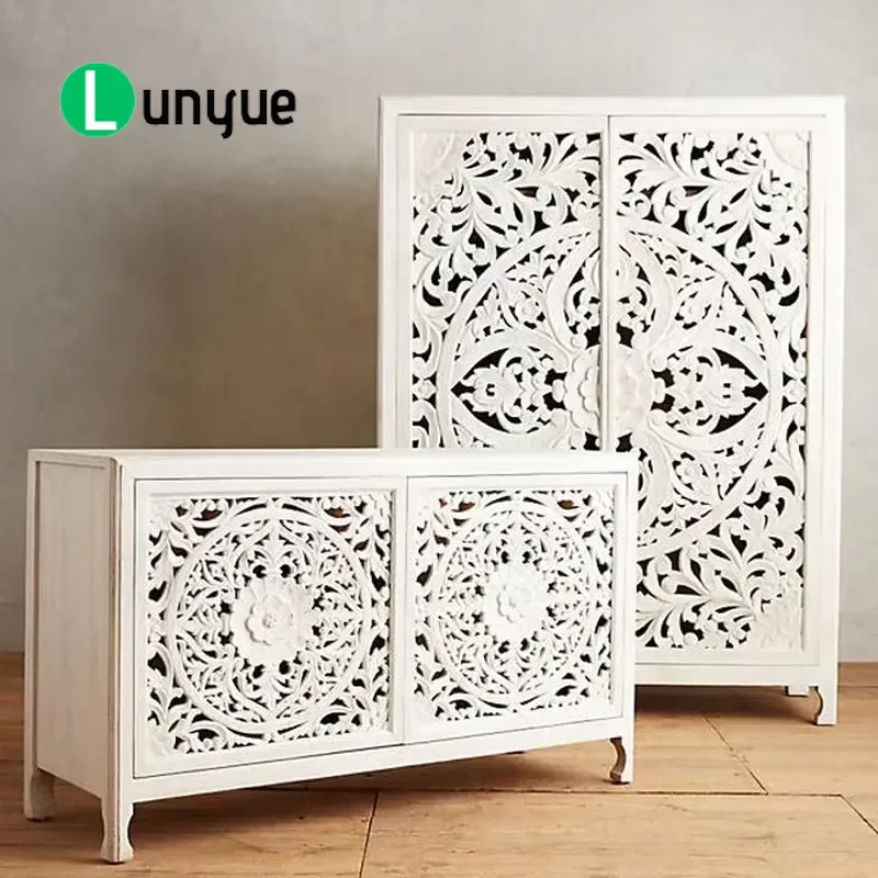 American French Retro Solid Wood Carved Flower Large Wardrobe Hollow Storage Cabinet Bedside Table Double Bedroom Furniture