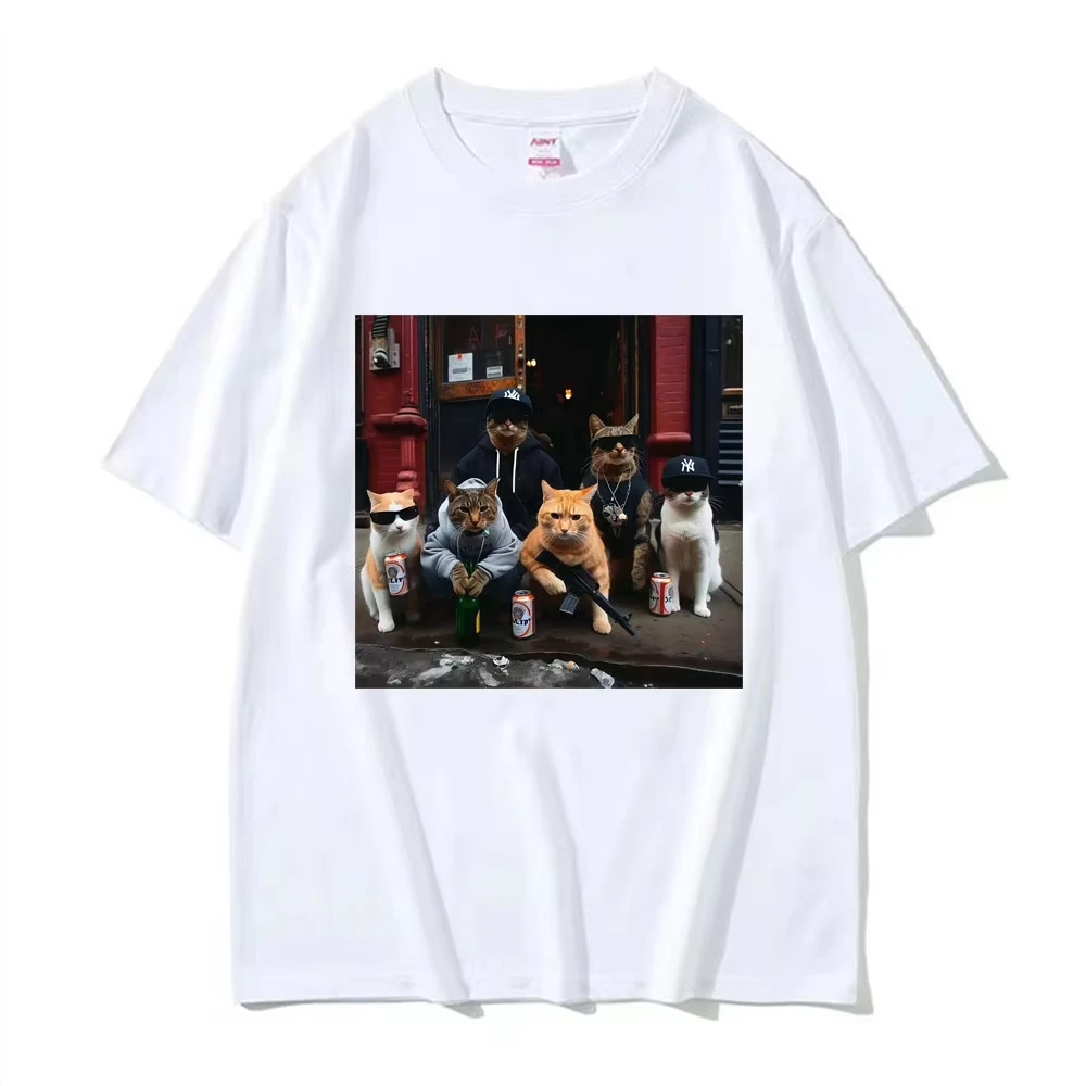 Camiseta Unisex de algodón 100_, camiseta informal de gran tamaño para verano, camiseta divertida de gato con pistola, camiseta Retro de Humor urbano harajuku