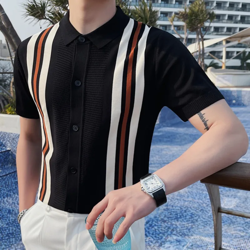 Summer Man Ice Silk Short Sleeve Polo Shirt Men British Slim Lapel Knitted Cardigan Casual Stripe Polo Shirt Polo Camisa Hombre