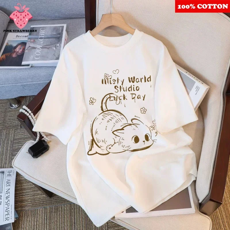 Cute Cat Pattern Print T-shirt Women Summer 2025 New Round neck Short Sleeve T-shirt Loose Casual Y2k Top kawaii Female clothing