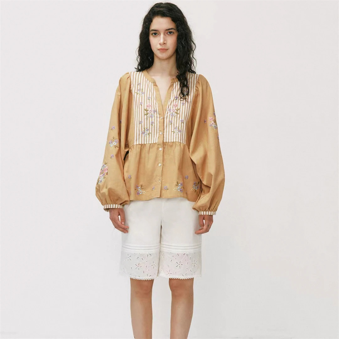 

French Style Loose Cotton Shirt Embroidered Country Style Light Coffee Color Spring Summer Women's Breathable Long Sleeve V N...