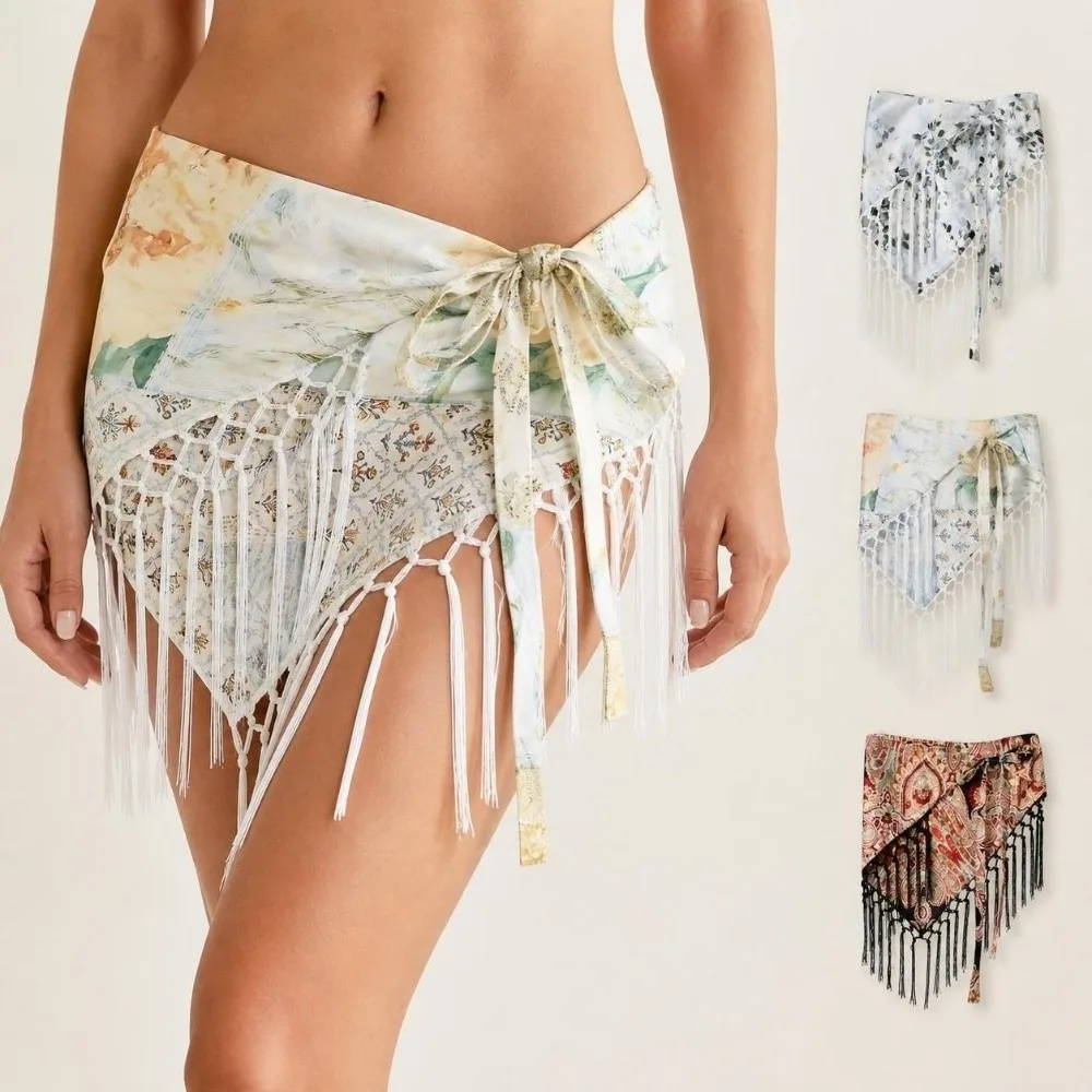 Decorative Paisley Print Hip Scarf Tassel Fringe Floral Bandana Style Triangle Cover Up Self-tie Waist Wrap Streetwear Fashion