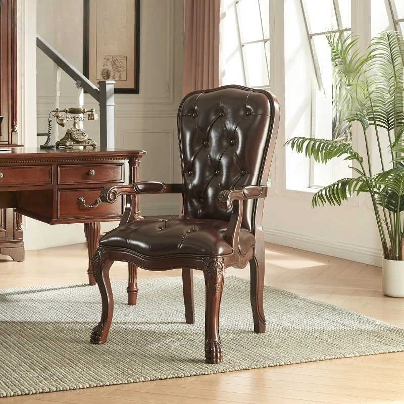 

Solid wood dining chair, retro study buckle leather book chair, balcony soft bag leisure chair
