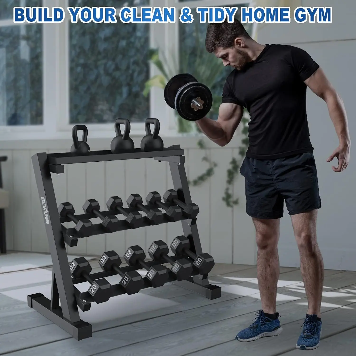Compact Dumbbell Kettlebell Weight Rack Three Tier Storage Stand Home Gym Fitness