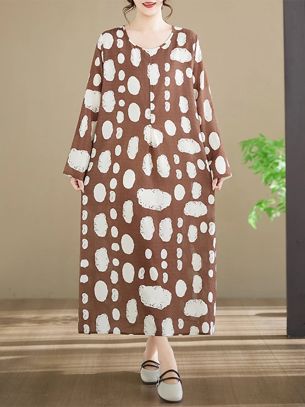 

Ретро-платье А-силуэта из хлопка и льна с коричневым фоном и белым круговым узором, свободное, с длинными рукавами, больших размеров, для прогулок по городу