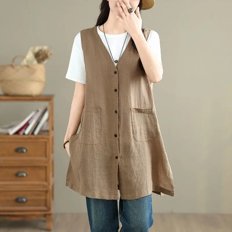 Middle-Aged  Women's Clothing Large-Size Mother Clothing Fashion Grandma Vest Top Summer New Cotton And Linen Vest Medium Long