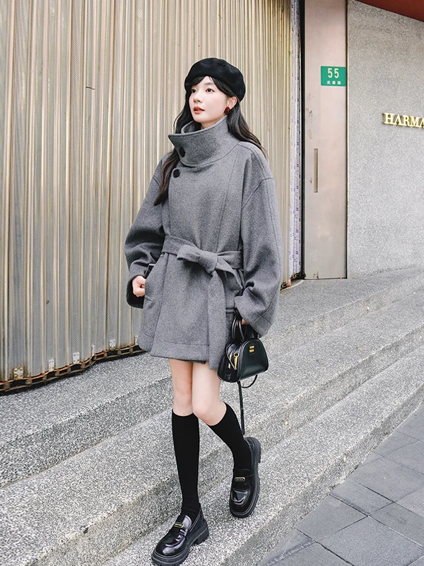 Cappotto di Lana con Collo Alto Ele ey per Donna, Nuovo Modello Autunno Inverno 2025, Taglia Piccola con Vita Stretta, Giacca in Tweed