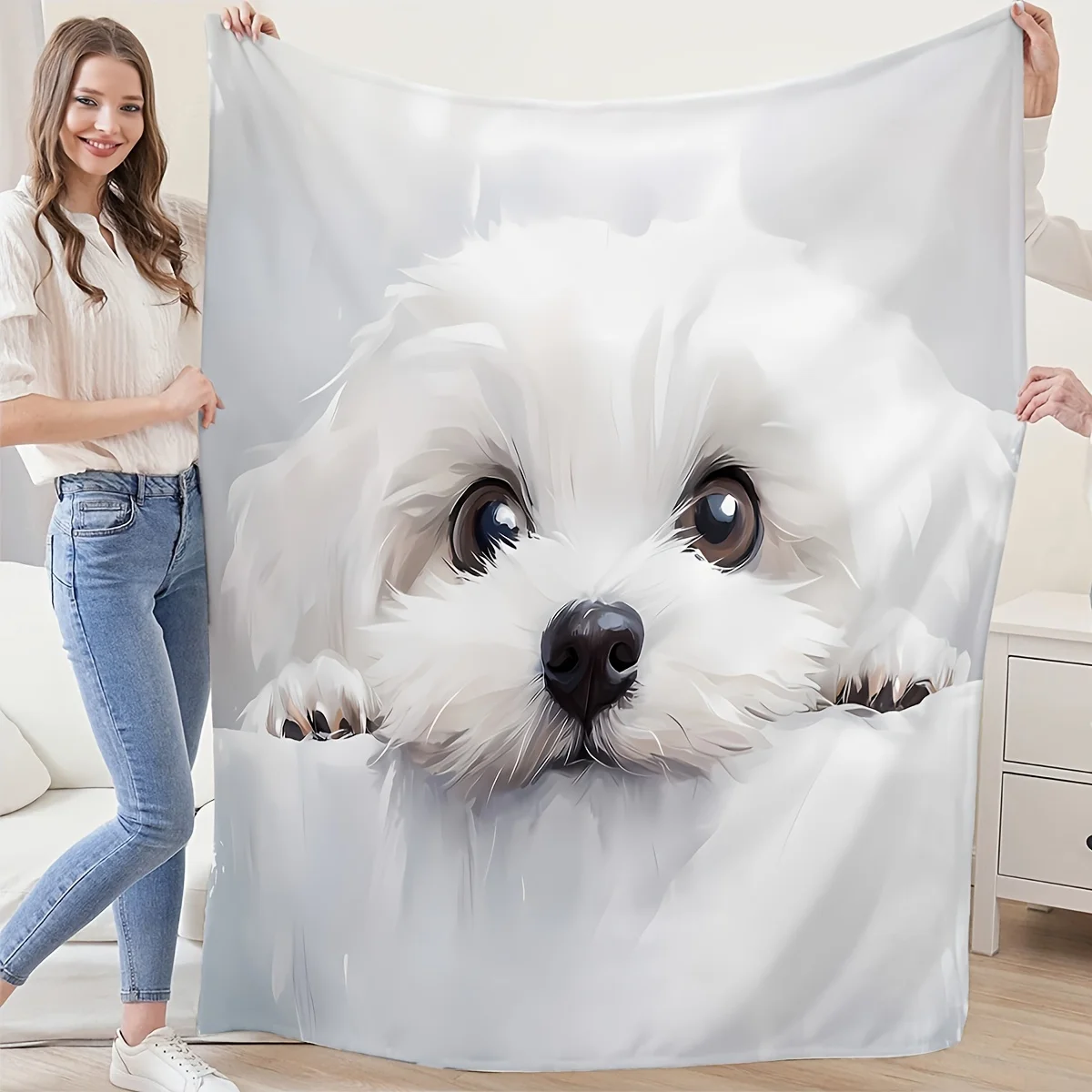 Cute Maltese Dog Print Fleece Throw Blanket, Soft Flannel, Knitted Fabric, Digital Print, Multi-Purpose Home Decor