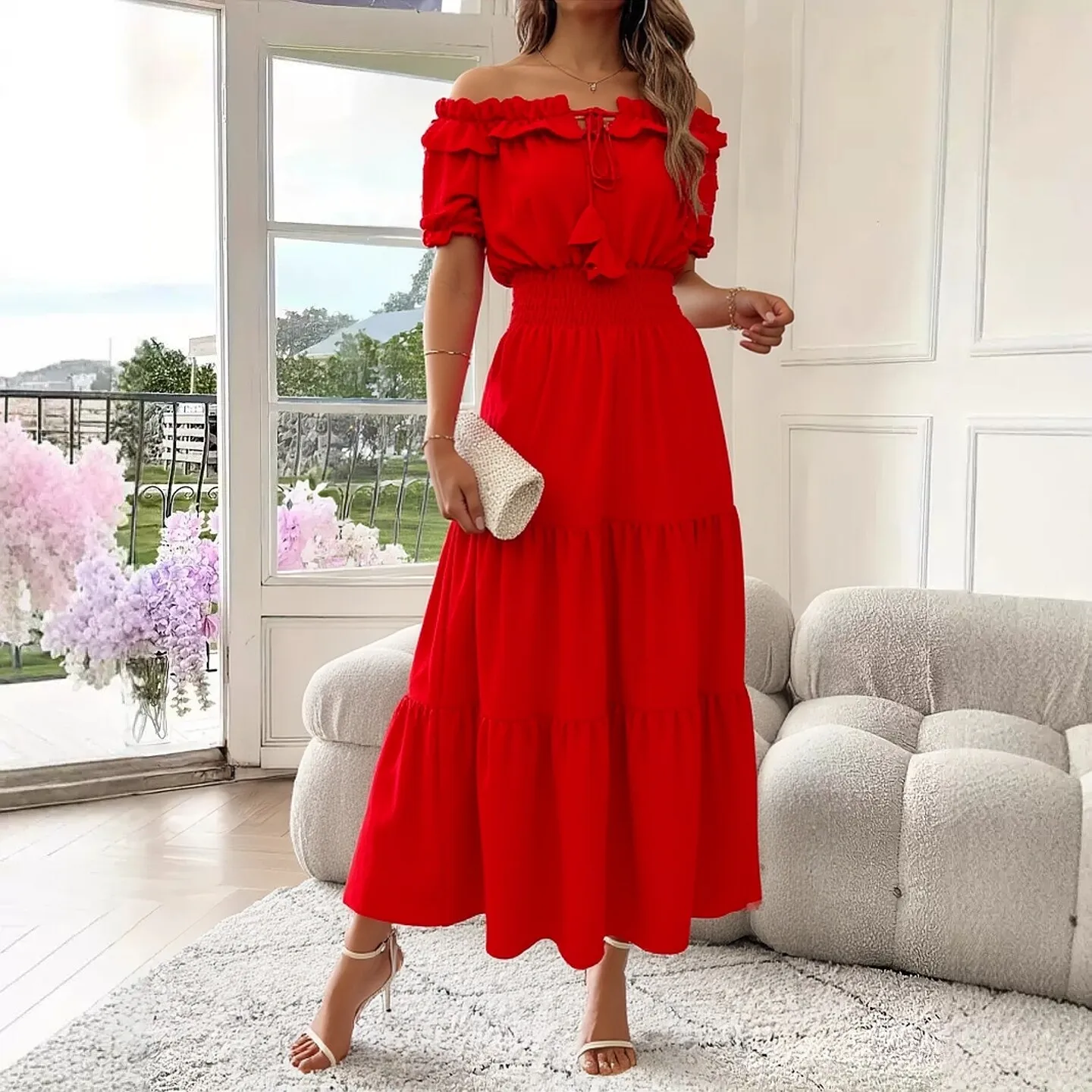 YuooMuoo Damenkleid 2026 Neue Sommermode Elastische Taille Einfarbiges Langes Kleid Urlaubsstil Damen Strand Vestidos Sommerkleid