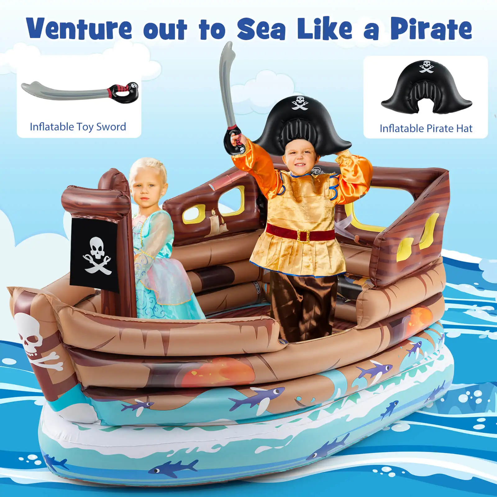 Inflatable Pirate Ship Playhouse w/ Built in Motor Inflatable Toy Sword