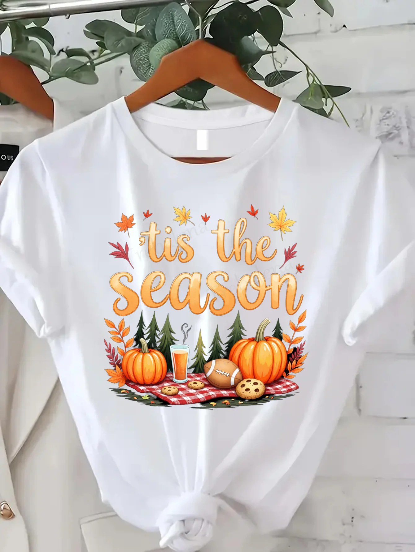

Comfortable Women's Print T-shirt "Autumn 'Tis the Season T-Shirt with Pumpkins, Cookies & Football Graphic"