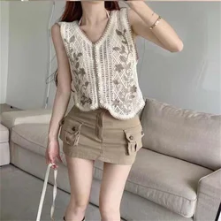 Cardigan  Vest  Women   Fashion  Summer  Cotton  Sleeveless  Embroidery   Flroal   Stripe    Hollow   Vest  Casual