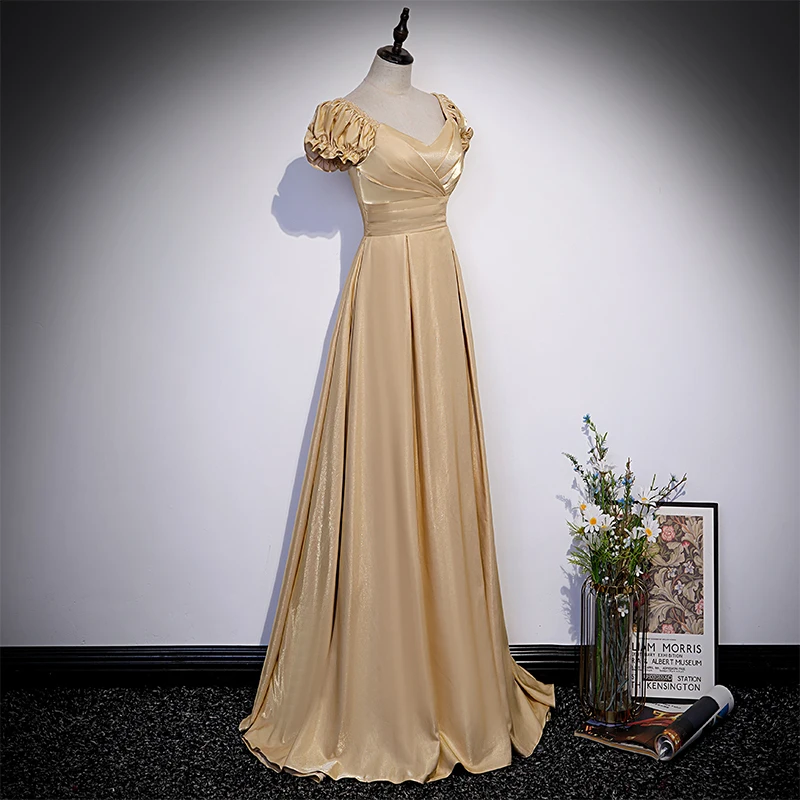 Evening Dress Yellow Shiny Satin Bling V-neck Pleat Short Sleeves Lace up A-line Floor Length Plus size Lady Party Dresses B2380