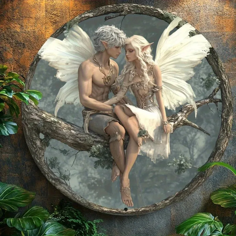 ديكور حائط من الألومنيوم للزوجين من الجنية الرجعية - إكليل زهور دائري ثنائي الأبعاد، لوحة معلقة مسطحة للغابات السحرية (قطعة واحدة) #2