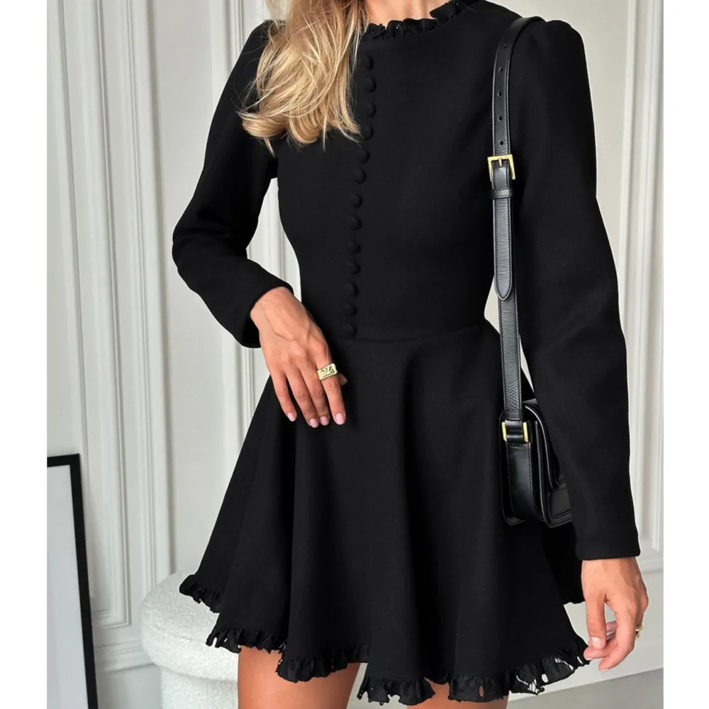 Dresses 2025 Woman Hepburn Style Solid Color Long Sleeves Lace Vestidos All-match Trendy Temperament Commuting Casual Elegant
