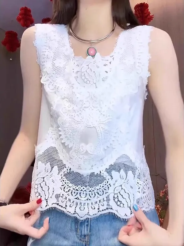 レース刺繍中空ベストトップ レディース 夏 ハイエンドデザイン スリムベースタンクトップ 通勤 スリーブルーズフィット 薄手モデル