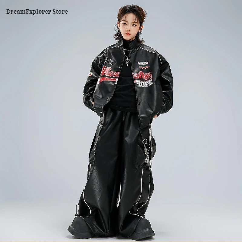 

Модная кожаная мотоциклетная куртка в стиле хип-хоп для мальчиков, брюки-карго для девочек, байкерское пальто для уличных танцев, детские комплекты джазовой одежды, детская уличная одежда