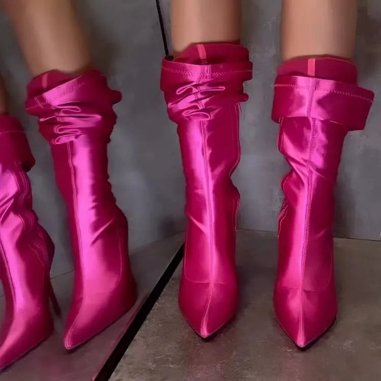 Hot Pink Zipper Up Over The Knee Boots Fitting-In Elegant Pointy Toe Stiletto Heel Thigh High Satin Boot All Season Casual Shoe