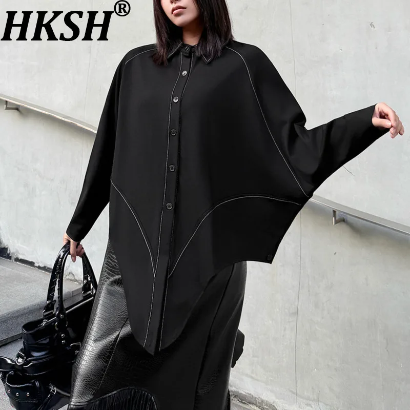 

HKSH весенне-осенняя новая женская рубашка с неровным подолом и отложным воротником, однобортная темная трендовая блузка большого размера, повседневный топ HK17906