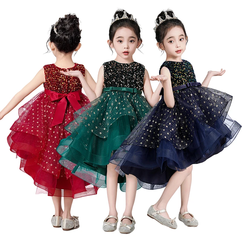 Summer Red Green Blue Glitter Kids Junior Princess Flower Girls Asymmetrical Dress Birthday Wedding Party Stars Tulle Lace Gown