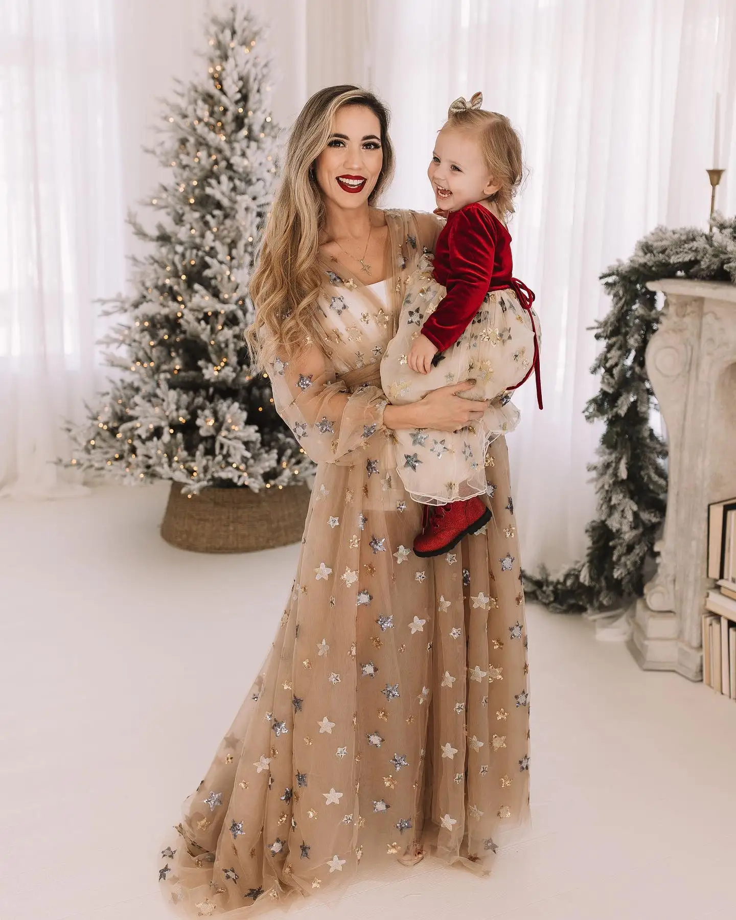 Champagne Sequins Women Pregnant Prom Dress Full Sleeve Maternity Bridal Morning Robes Tulle Evening Gown Sleepwear Customized