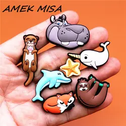 Original PVC Shoe Charms Fox Dolphin Narwhal Starfish Hippo Sloth Otter Slippers Decorations for Kids Party Gifts U194