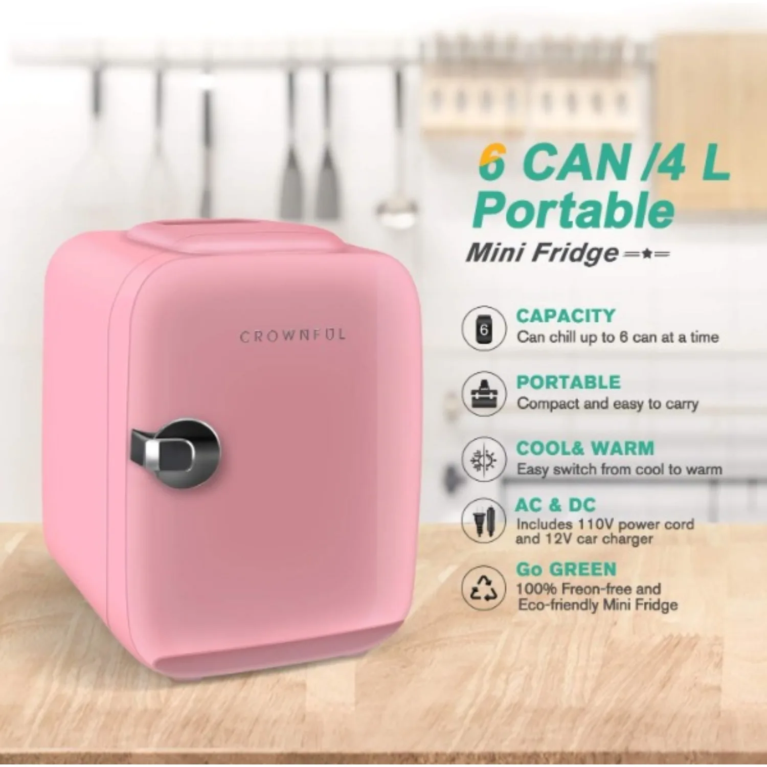 Mini refrigerador portátil, refrigerador e aquecedor, refrigerador pessoal, grande para o quarto, escritório, carro, dormitório, rosa, EUA, 4 L, 6 Can, novo