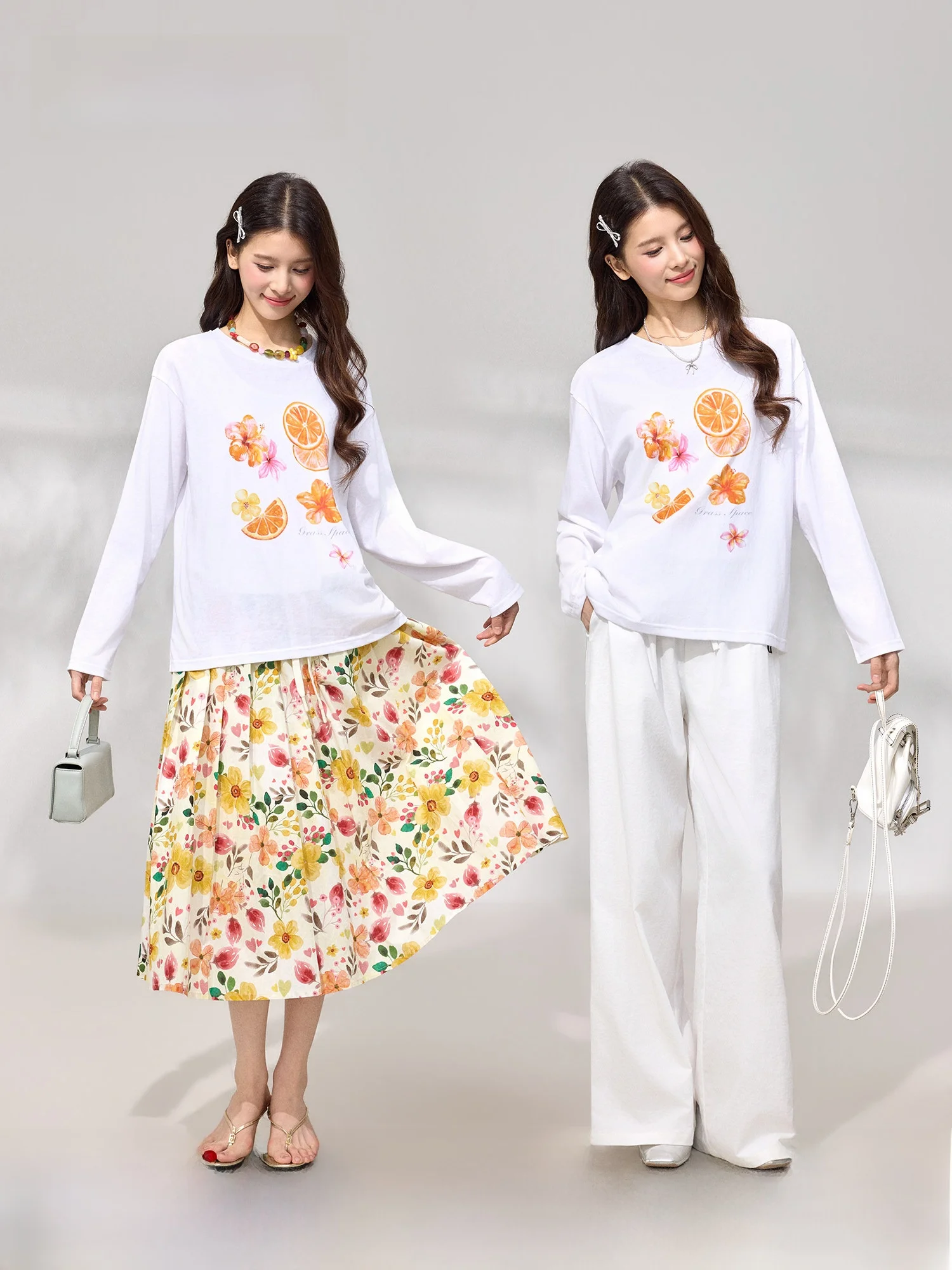 

Loose Long Sve Women's T-irt Orange Patterned Cover up Top Casual Sle Cotton Blend Spring Faion by Wild Space