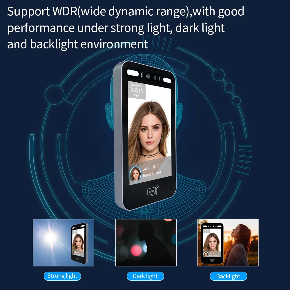 AI Face Attendance Machine 8 HD Touch Screen 50000 Faces 0.2s Unlock WDR Infrared Camera Wall Mount 500000 Records