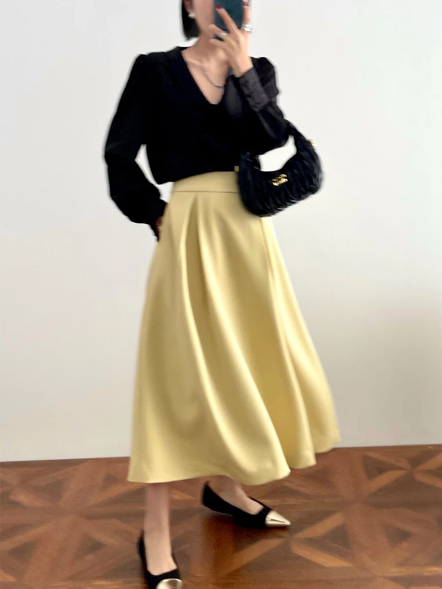 

Ele Classic Umbrella Skirt Knee-Length Versatile Pleated Draped A-Line f-length Polyester Viscose Spandex Blend