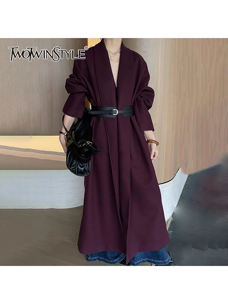 TWOTWINSTYLE الصلبة تقسم حزام مزاجه معاطف للنساء التلبيب طويلة الأكمام الحد الأدنى معطف طويل الإناث ملابس عصرية جديد #1