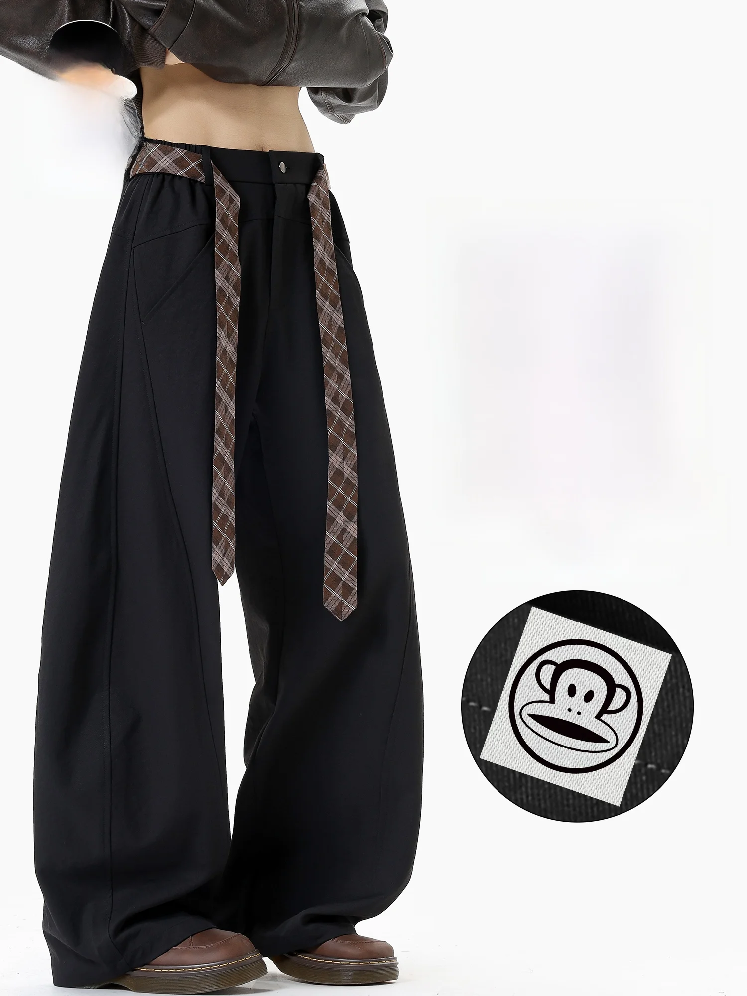 

PaulFrank Retro Trend Plaid Belt Casual Pants Men Autumn Winter Loose Drapey Knife West Pants Polyester Fiber Straight Leg