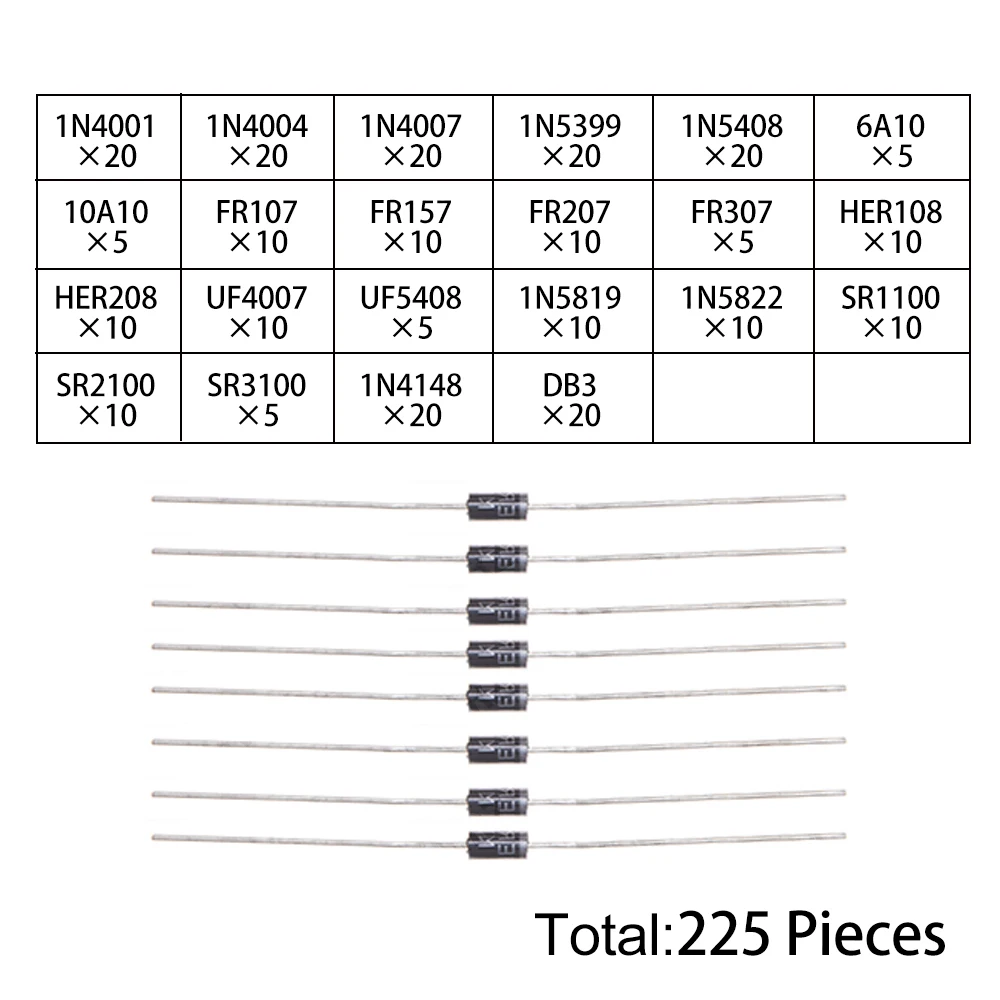 225PCS 1N4001 1N5819 22Values Schottky Diode Assorted Kit  1N4007 1N4148 DB3 for Electronic Rectification Projects 6A10 10A10