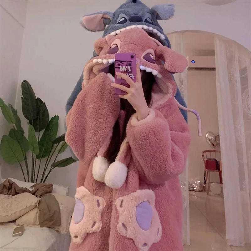 Cute Stitch Home Clothes Women Men Plush Soft Nightgown Robes Y2k Cute Thick Pajamas Kawaii Long Coat Cartoon Flannel Bathrobe