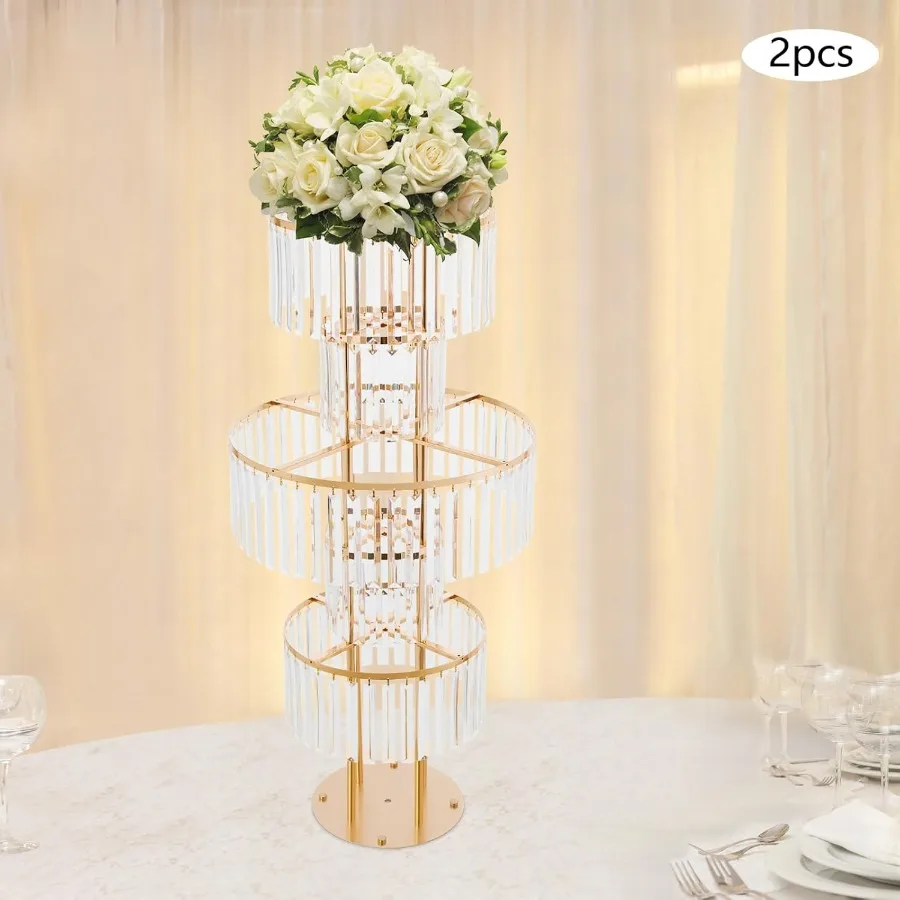 قطعتان من قاعدة الزهور الكريستالية الفضية شديدة التحمل من الأكريليك المعدني مع كريستالات معلقة لتزيين الطاولة الأنيقة باللون الذهبي